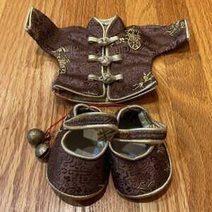 Traditional Chinese Style Doll Outfit W/ Jacket & Shoes Gold Details Brown Black